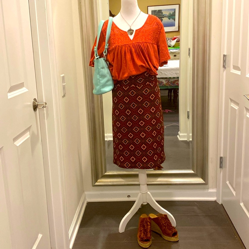 Lularoe Cassie Pencil Skirts size 2XL Geometric Navajo inspired Red orange Teal